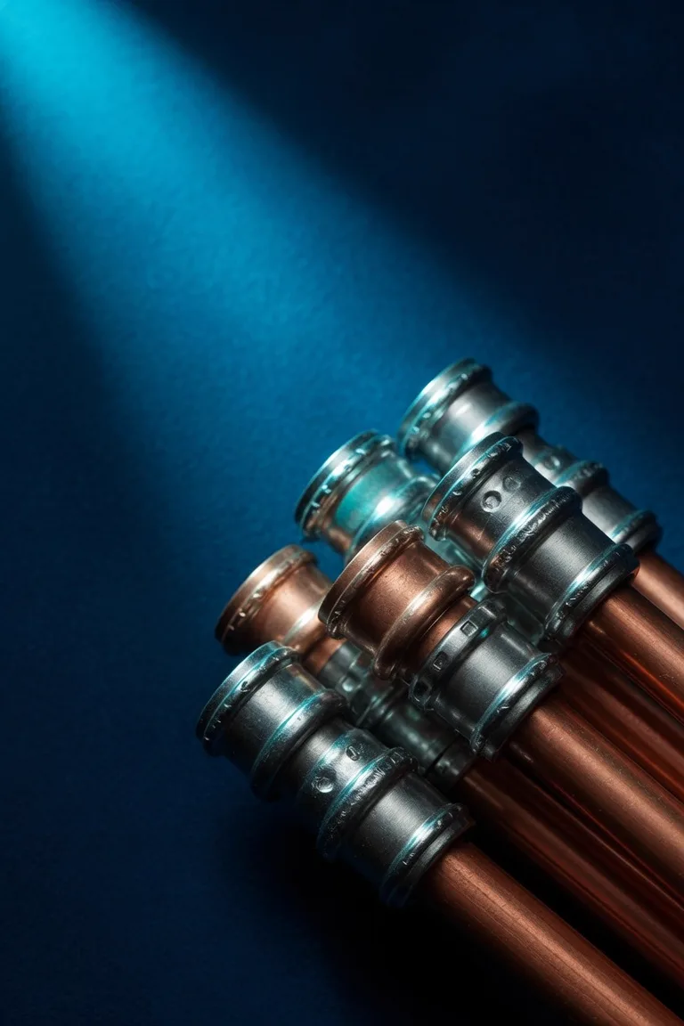 Gebündelte Kupfer- und Edelstahlrohre mit Pressfittings im Lichtkegel