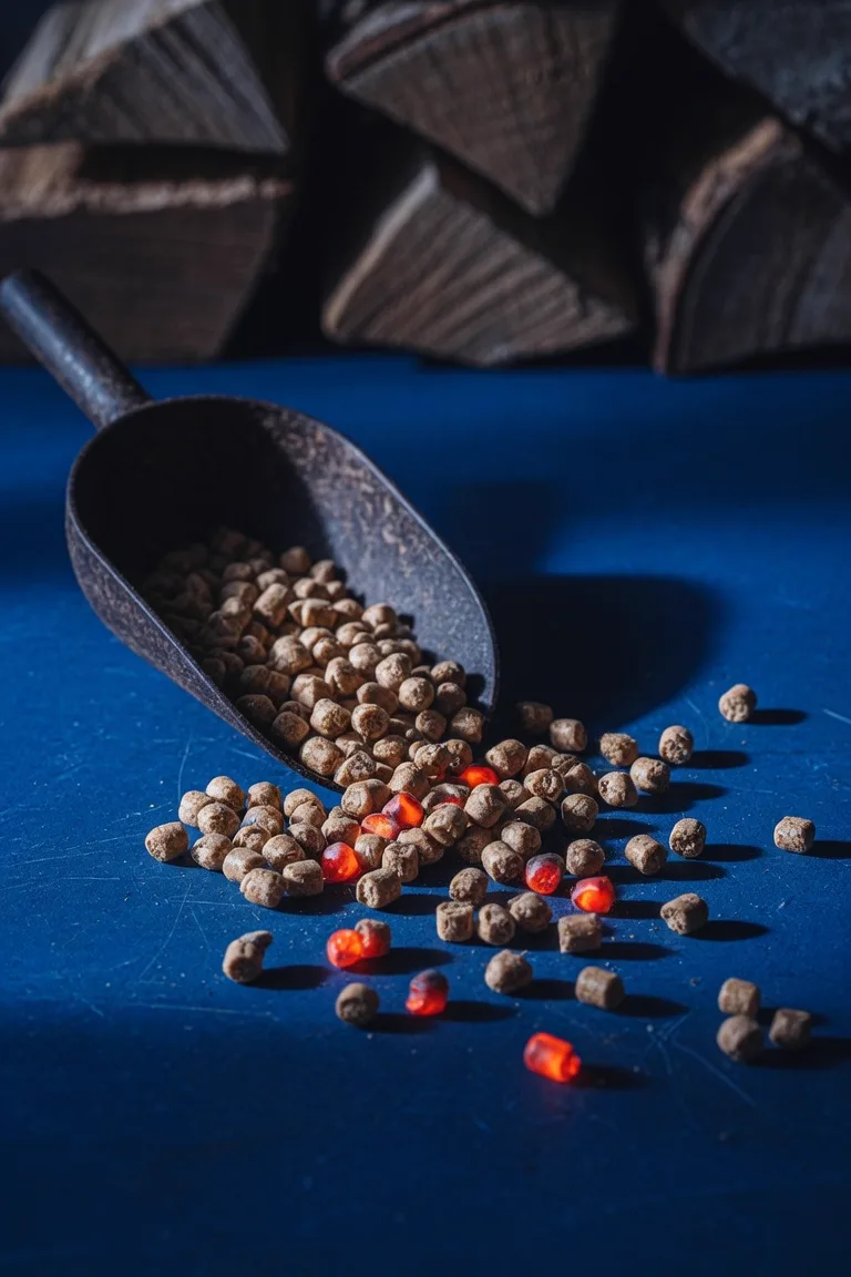 Holzpellets mit glühenden Spitzen vor gestapeltem Scheitholz