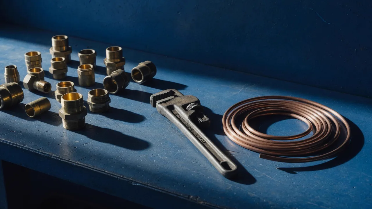Geordnete Werkbank mit Messing-Fittings, Rohrzange und Kupferring